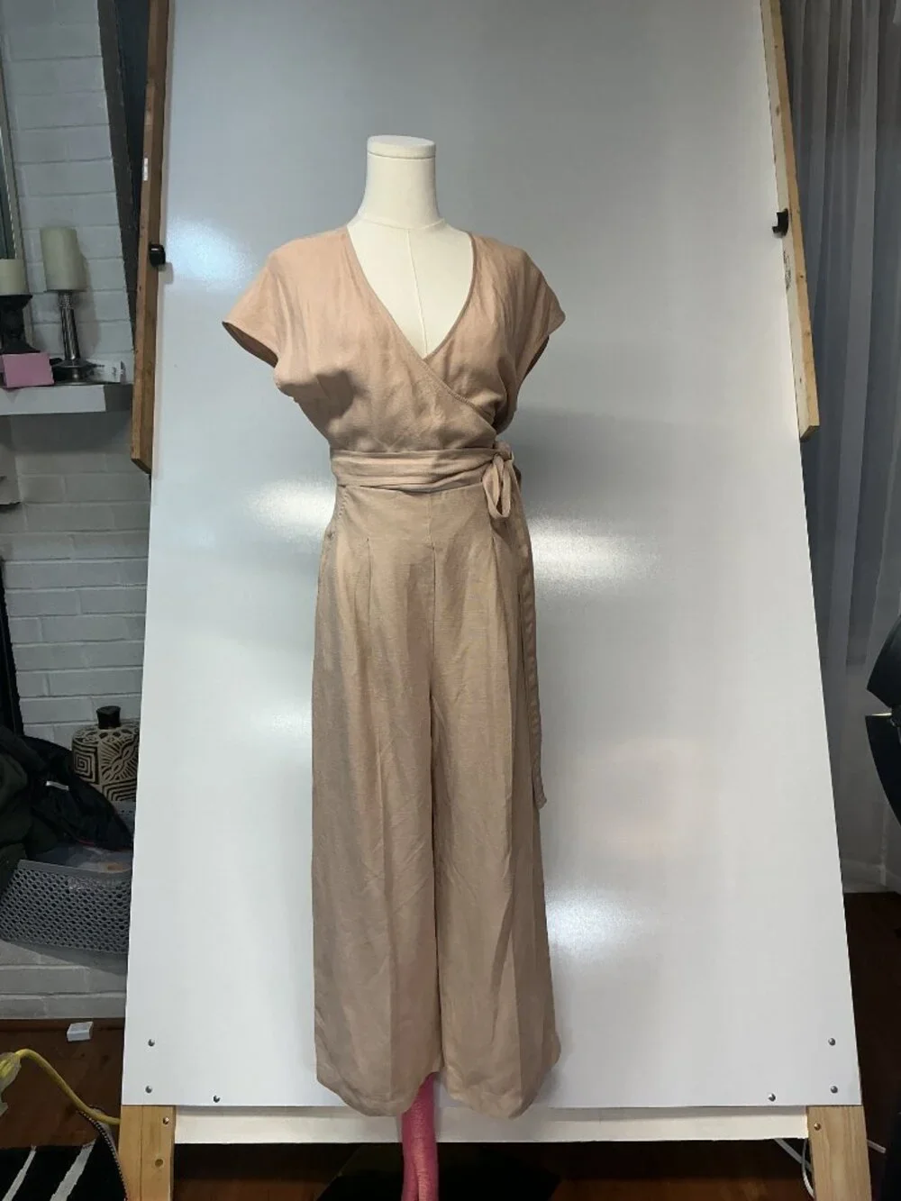 Wilfred Linen Lyocell Wrap Wide Leg Jumpsuit Size 2 Beige Neutral Resort